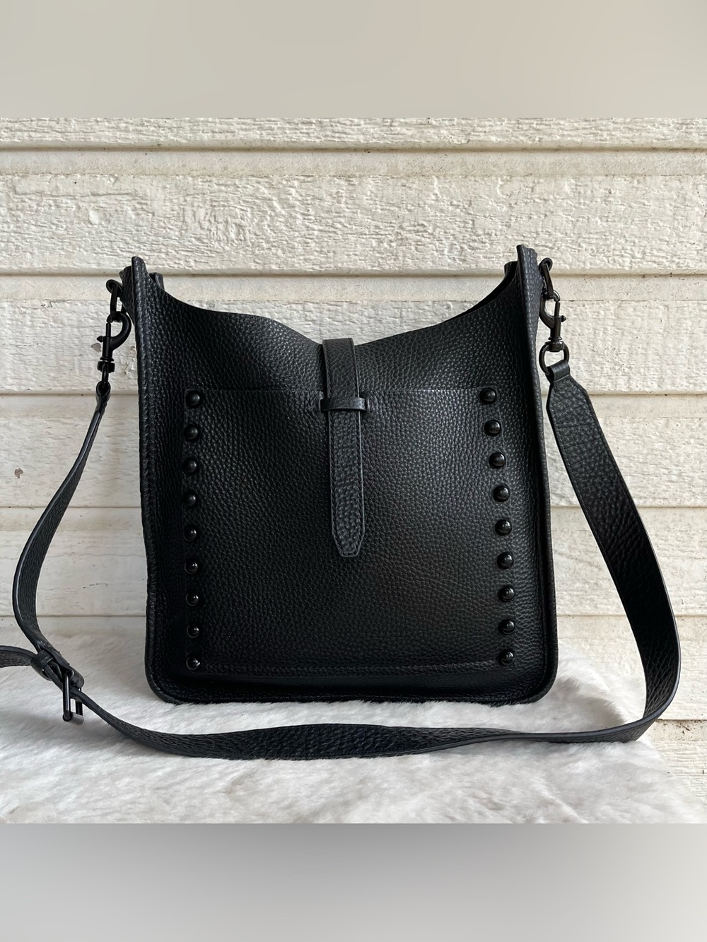 REBECCA MINKOFF Black Unlined Leather Feed Bag Crossbody Studded Shoulder Bag